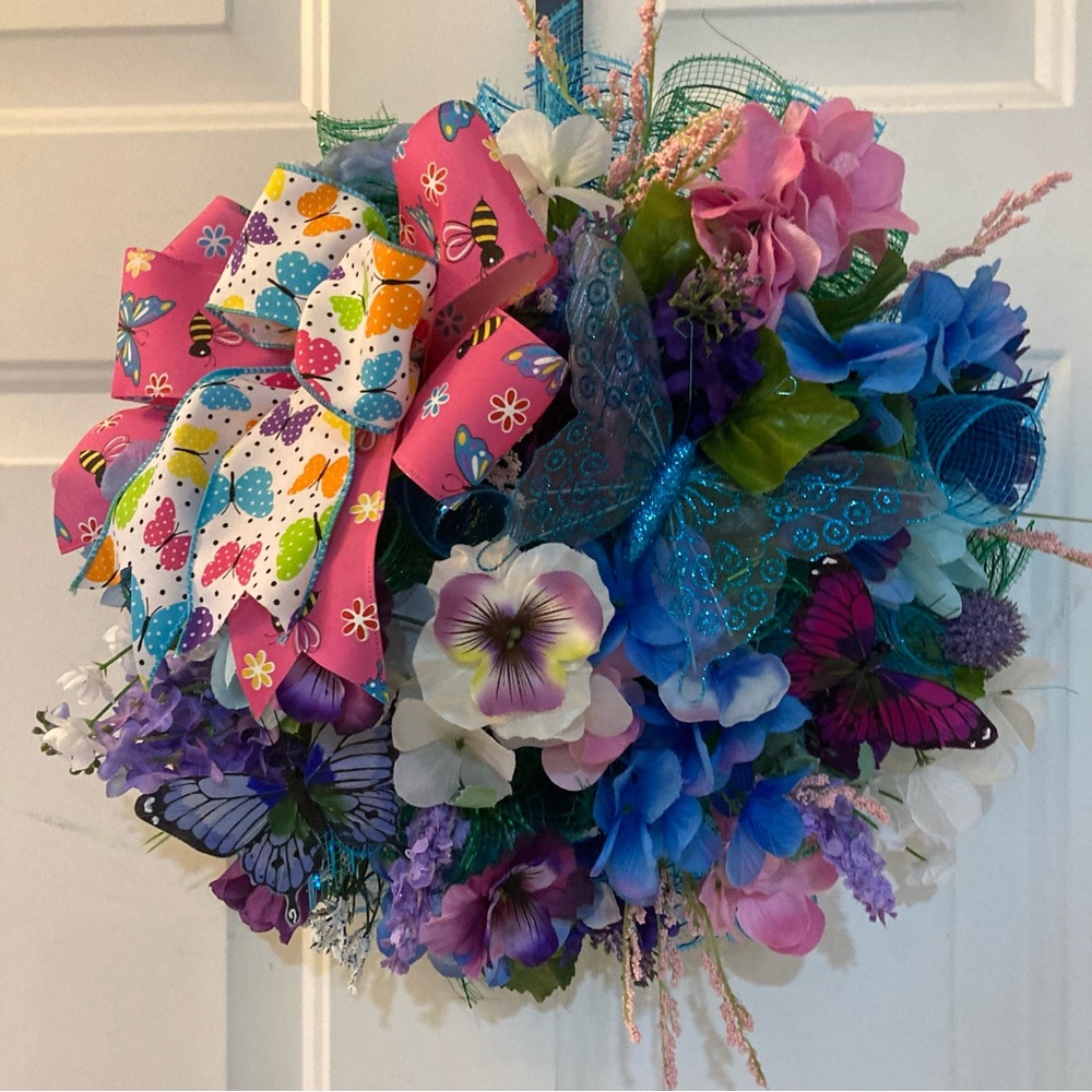 Beautiful Blue/Green/Purple Spring Butterfly Wreath. Hand crafted.